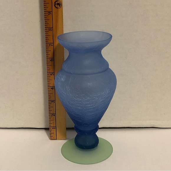 Vintage Hand Blown Crackle Glass Frosted Blue Vase with Green 7 1/2 inch - Picture 5 of 5